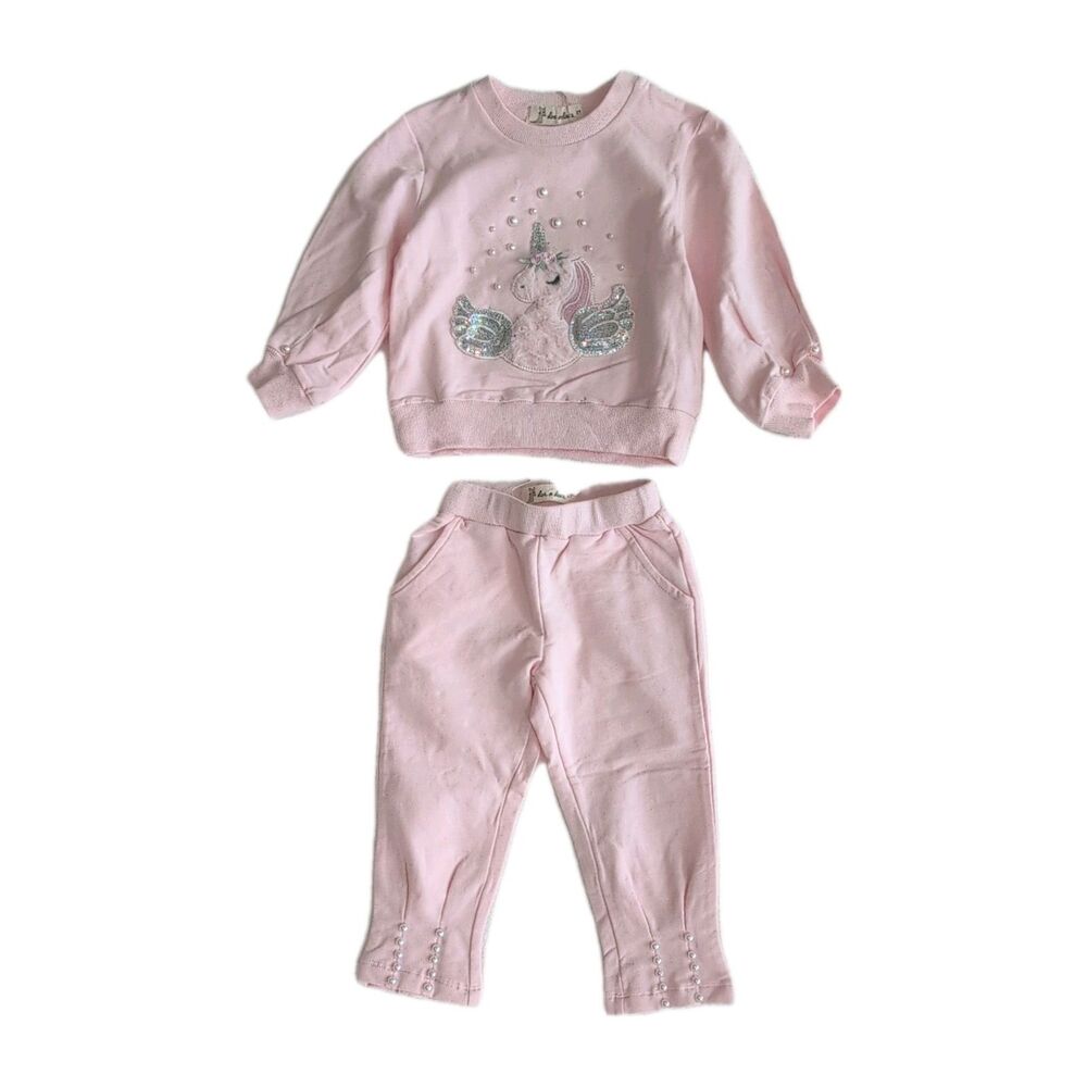 Girls 2T Pink Unicorn Sweatshirt Set Coquette Pearl Sequin Luxury Loungewear
